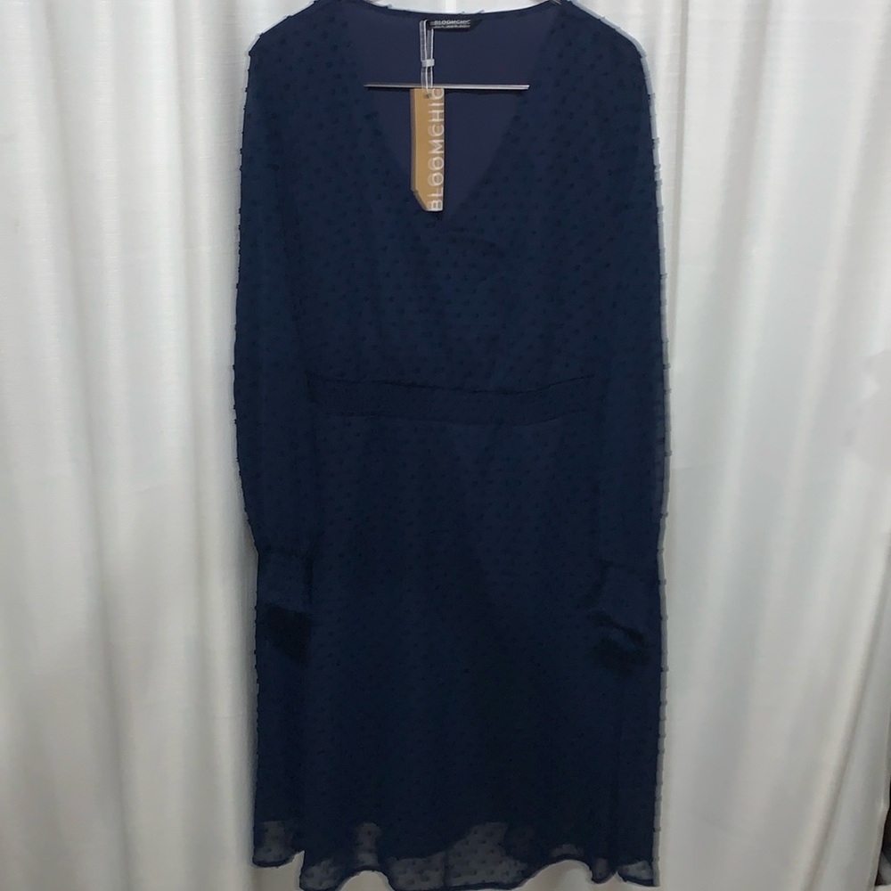 NWT BLOOMCHIC sz 14-16 V-Neck navy blue tufted polkadot MIDI sheer dress w liner